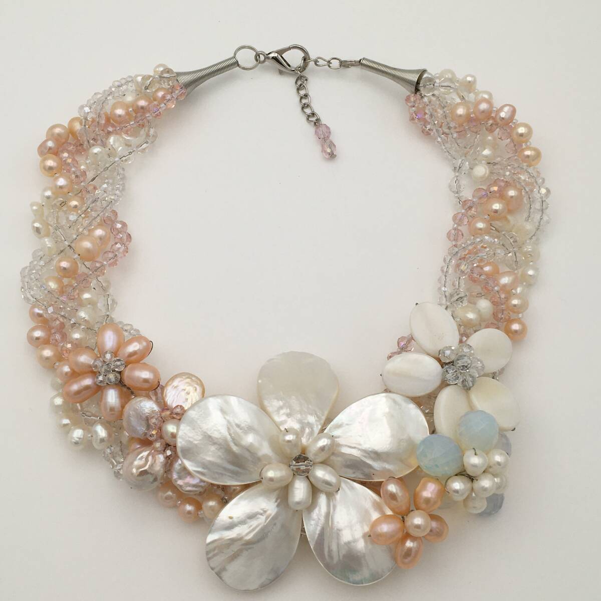 ＜新品＞ホワイト ピンク 淡水 パール 真珠 シェル フラワー 花 ネックレス 調節可能 結婚式 プレゼント