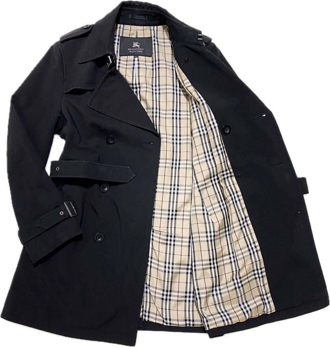希少 BURBERRY BLACKLABEL バーバリーブラックレーベル トレンチコート ベルト ノバチェック 黒 メンズ Mサイズ ダブル ジャケット ミドル