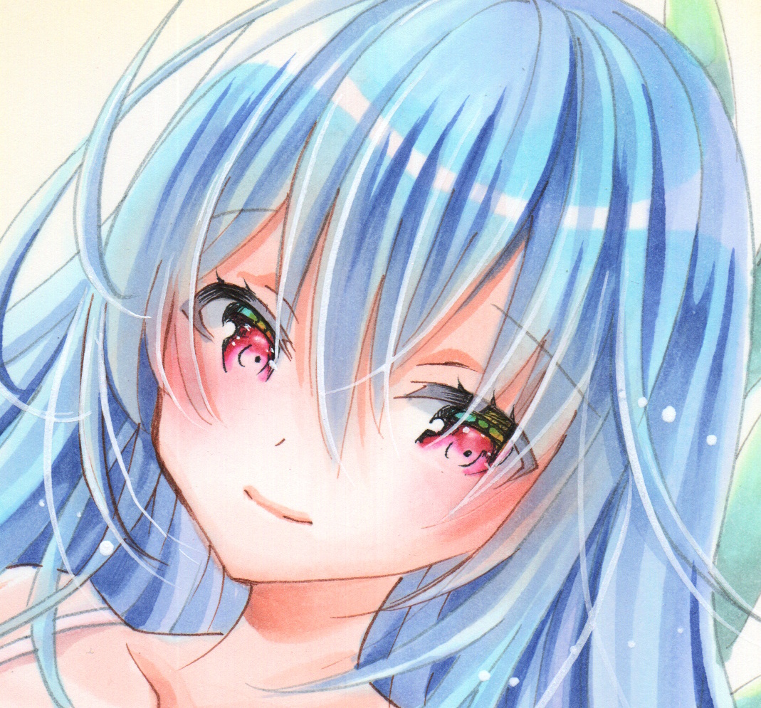 同人手描きイラスト◇オリジナル・水色髪の女の子◇A4・ケント紙 同人手描きイラスト◇オリジナル・水色髪の女の子◇A4・ケント紙