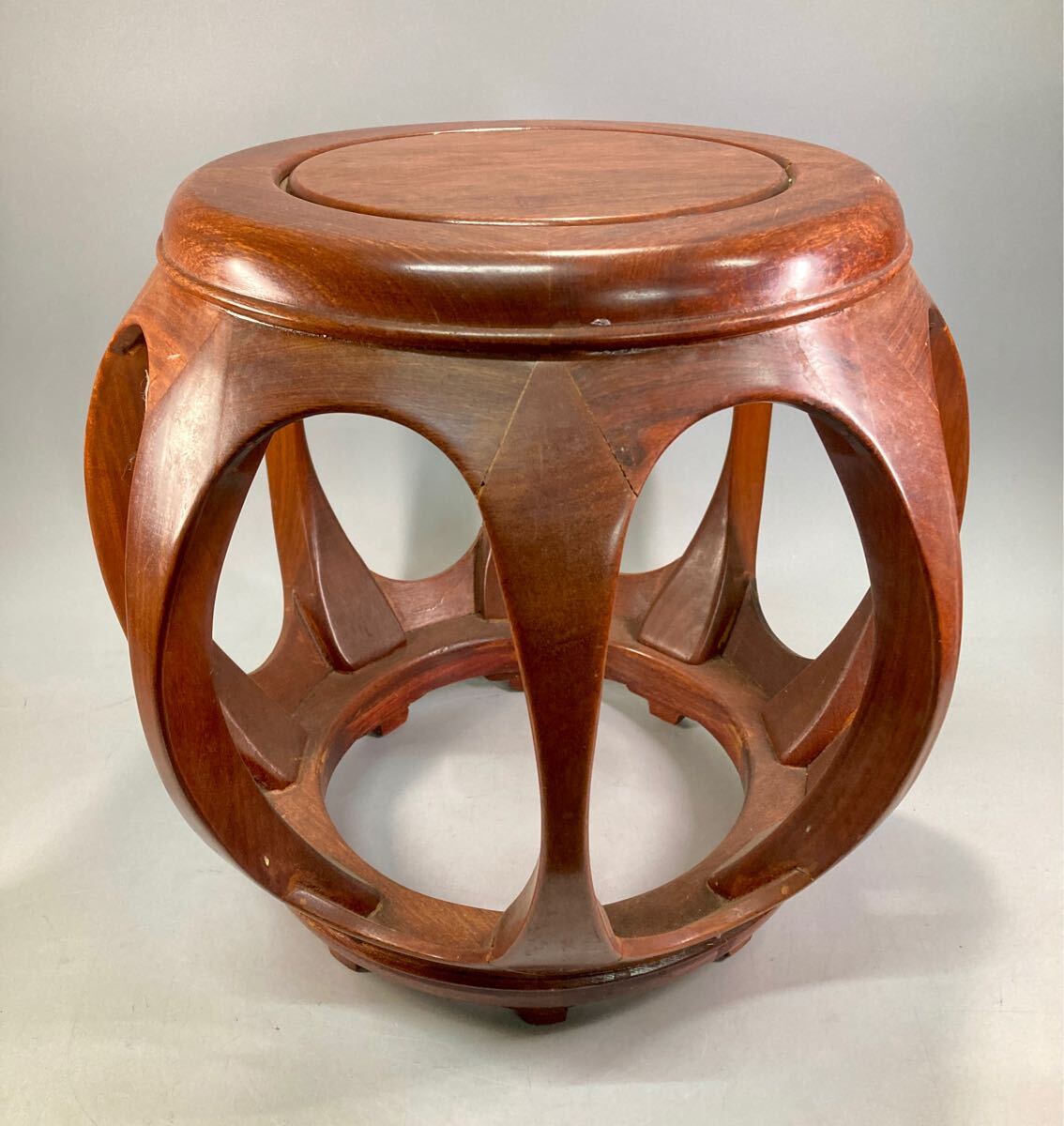 中國美術(shù) 唐木家具 花梨 太鼓型花臺(tái) 丸花臺(tái) 丸椅子 スツール 太鼓 木制 チェア 飾り臺(tái) 盆栽臺(tái) 香爐臺(tái) 古美術(shù)品 インテリア