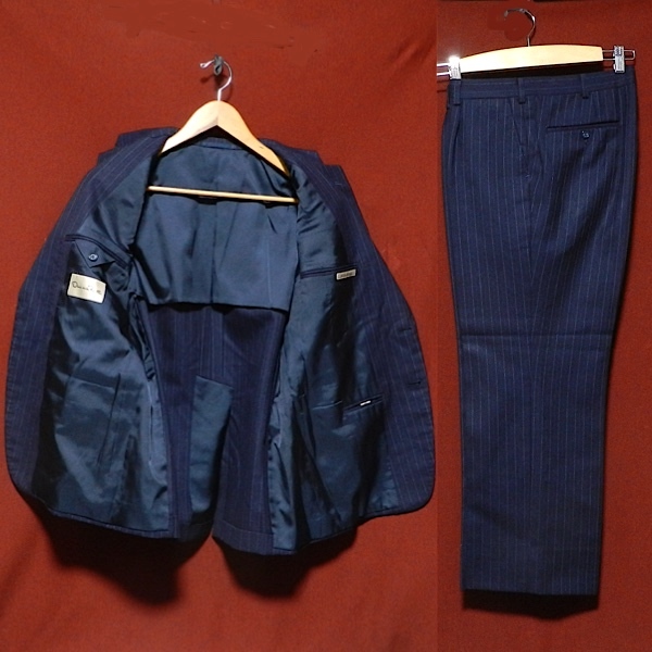 オスカーデラレンタ 三越 80's オールド ビンテージ TALON ZIP セットアップ 厚手 ウール テーラード パンツ スーツ ストライプ 紺 M 美品_画像3