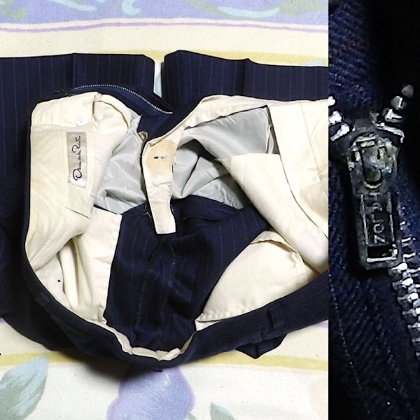 オスカーデラレンタ 三越 80's オールド ビンテージ TALON ZIP セットアップ 厚手 ウール テーラード パンツ スーツ ストライプ 紺 M 美品_画像9