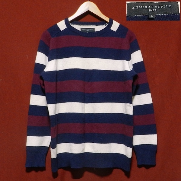 GENERAL SUPPLY SHIPS ジェネラルサプライ シップス ラグラン ボーダー ピュア ウール ニット セーター 紺 / 白 / ワインレッド L_画像1