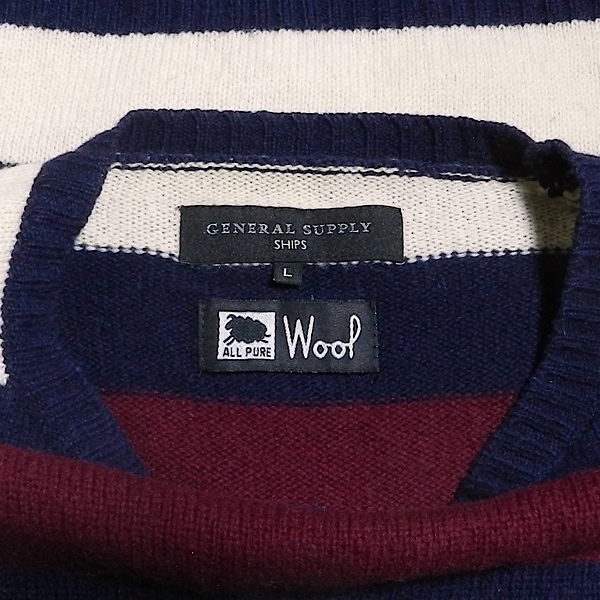 GENERAL SUPPLY SHIPS ジェネラルサプライ シップス ラグラン ボーダー ピュア ウール ニット セーター 紺 / 白 / ワインレッド L_画像4