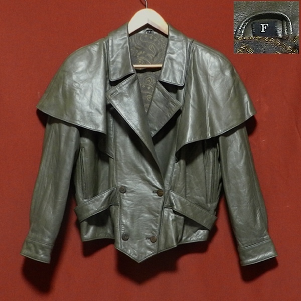 国内 80's 〜 90's 昭和レトロ オールド ビンテージ 羊革 ラムレザー ダブル ライダース デザイン ジャケット カーキ 大きめ F / M 〜 L