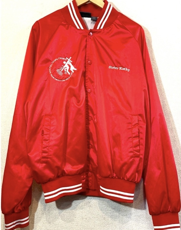 AUBURN SPORT?90's-2000'sVINTAGE?スタジャン?ナイロン?教會?シスター?刺繍?ステッチ?ACTS FULL GOSPEL?USA?ビンテージ?赤