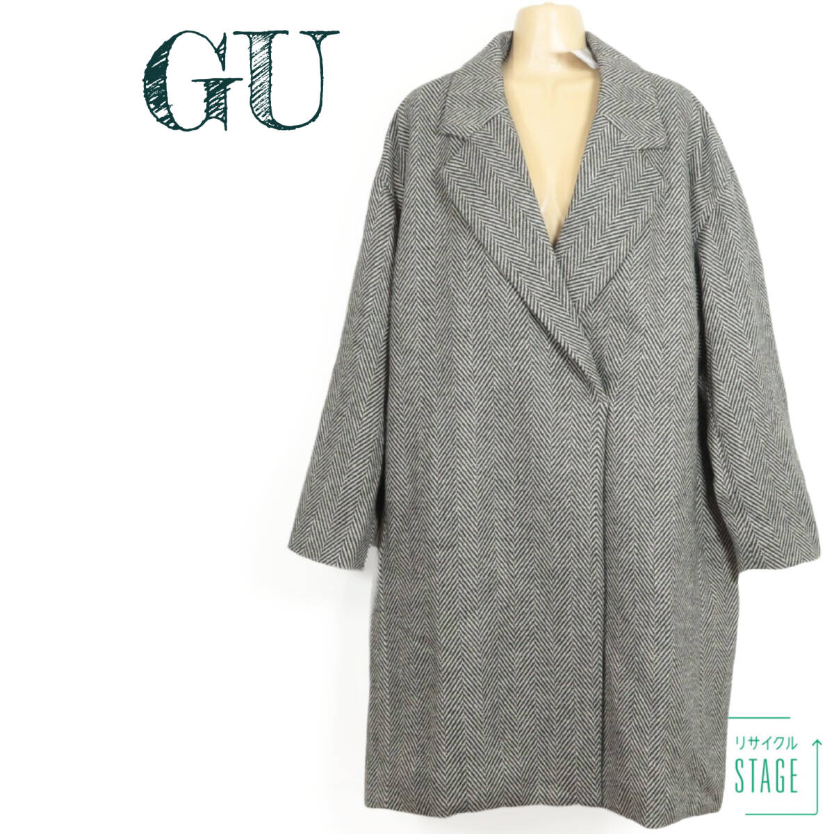 【新品タグ付】GU ジーユー ★チェスターコート 大きいサイズXL ダークグレー系 ゆったりシルエット♪ヘリンボーンウール混♪z10598s