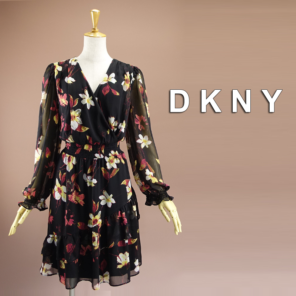 新品 わけあり DKNY 10/15号 ダナキャラン 黒 赤 白 黄色 花柄 シフォン ワンピース パーティドレス 長袖 結婚式 二次会 謝恩会 輝49D1805