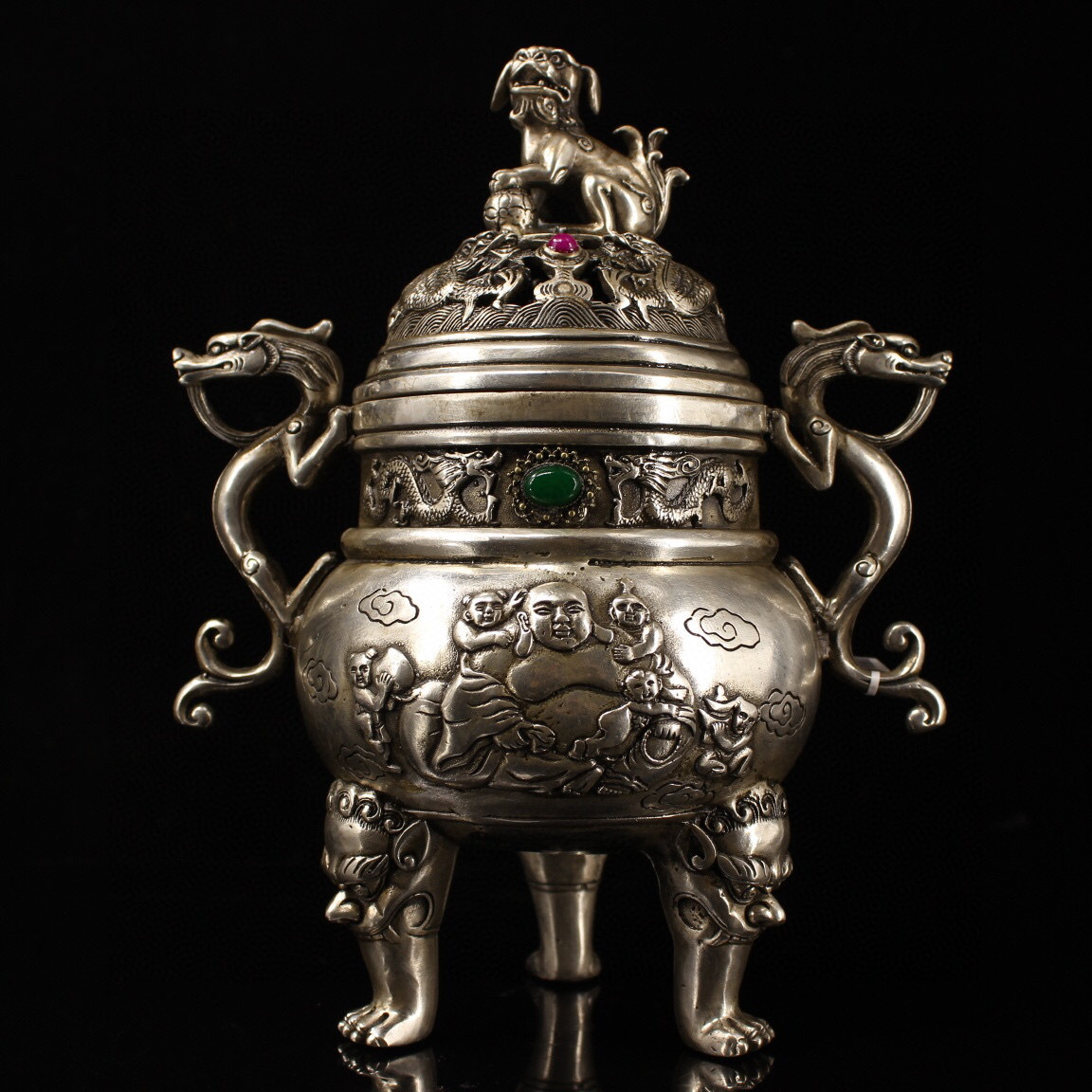 館蔵珍品 銅製 寶石嵌 銀鍍 獅子熏香炉』置物 賞物 貴重物品 館蔵珍品 銅製 寶石嵌 銀鍍 獅子熏香炉』置物 賞物 貴重物品