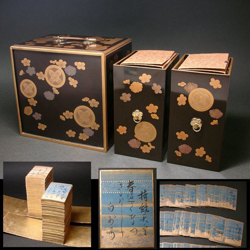 花◇上流武家旧蔵品 梅蒔絵に家紋散 歌留多箱入 絹本金砂子地に 花◇上流武家旧蔵品 梅蒔絵に家紋散 歌留多箱入 絹本金砂子地に