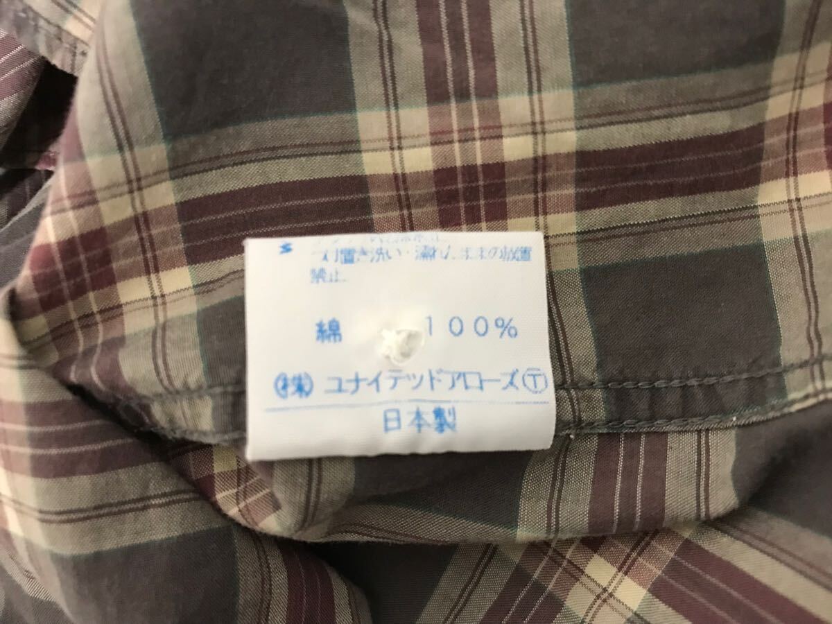 本物ユナイテッドアローズUNITEDARROWS BLUELABELコットンチェック柄長袖シャツメンズビジネススーツモードゴルフドレス茶ブラウンM日本製_画像5