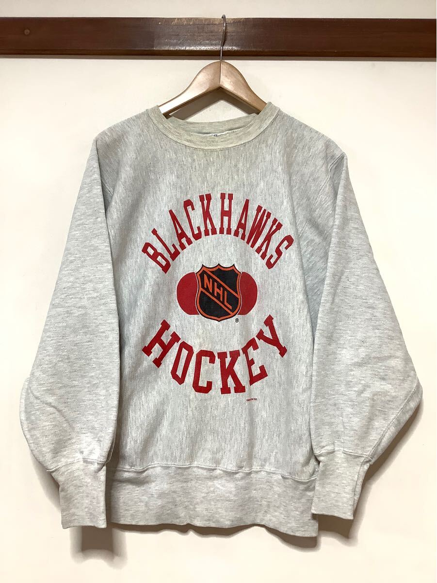 わ1424 USA製 Champion リバースウィーブ NHL ブラックホークス 90's ビンテージ スウェット トレーナー L グレー 刺繍タグ 前期
