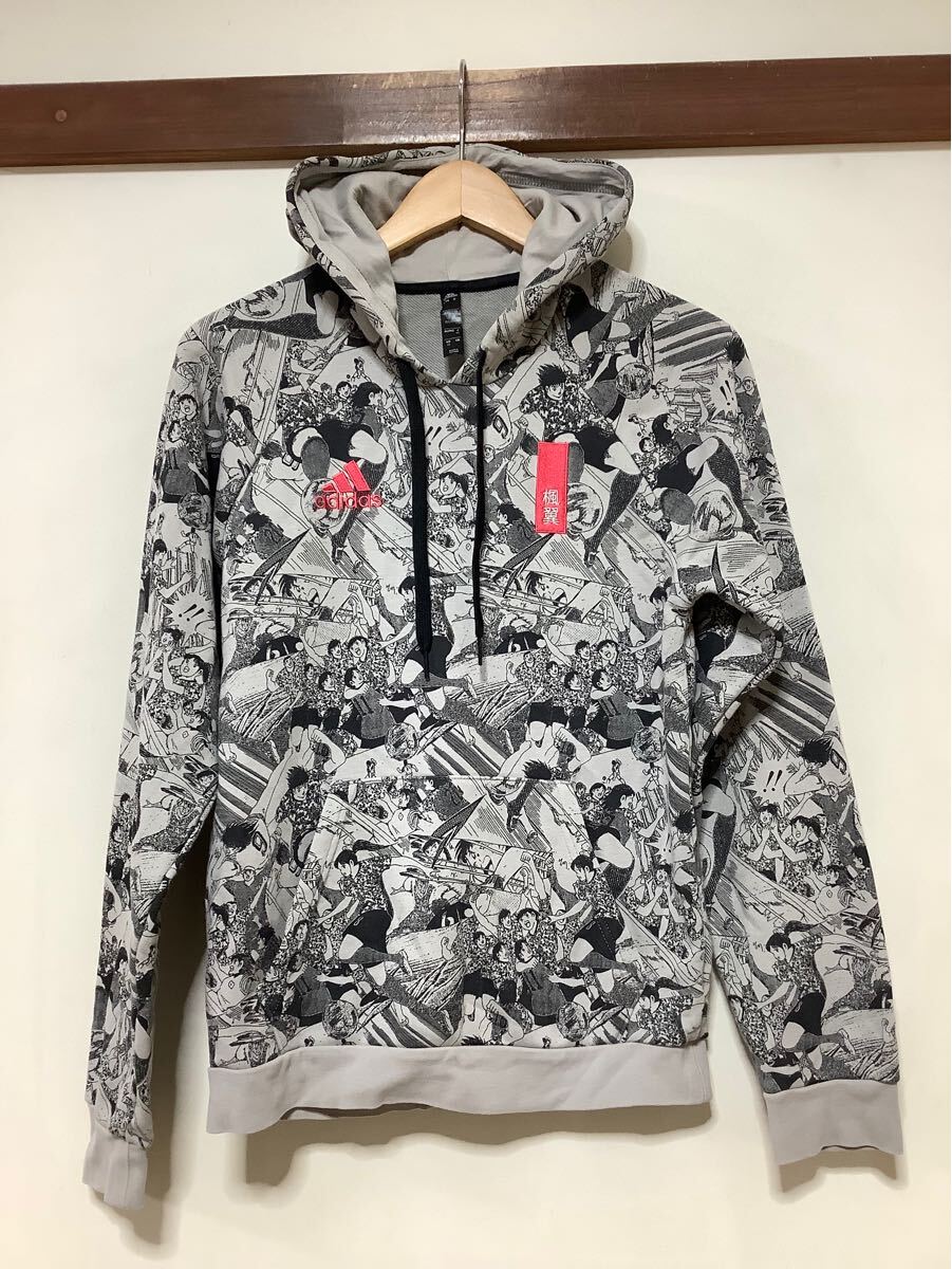 い1511 adidas アディダス キャプテン翼 コラボ 総柄パーカー Hoodie フーディ グレー XS 裏パイル 楓翼 ロゴ刺繍