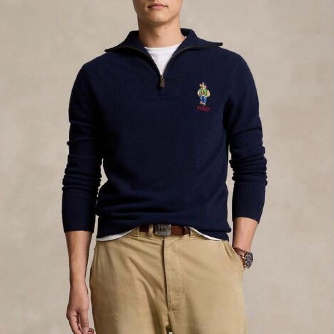 現行QR 新品未使用タグ 復刻 POLO by Ralph Lauren ラルフローレン ポロベア クォータージップニットセーター タートルネック 紺 刺繍