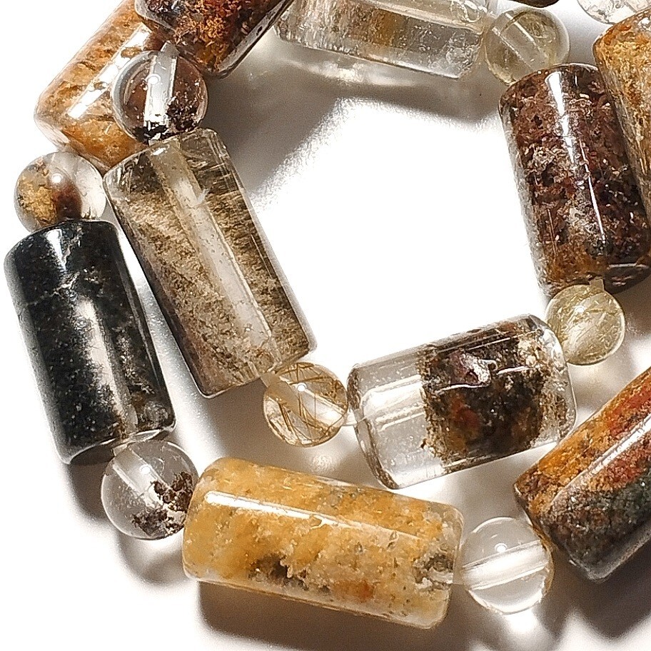 ①高品質 ミックスガーデンクォーツ ブレスレット チューブ型 庭園水晶 18cm ルチルクォーツ