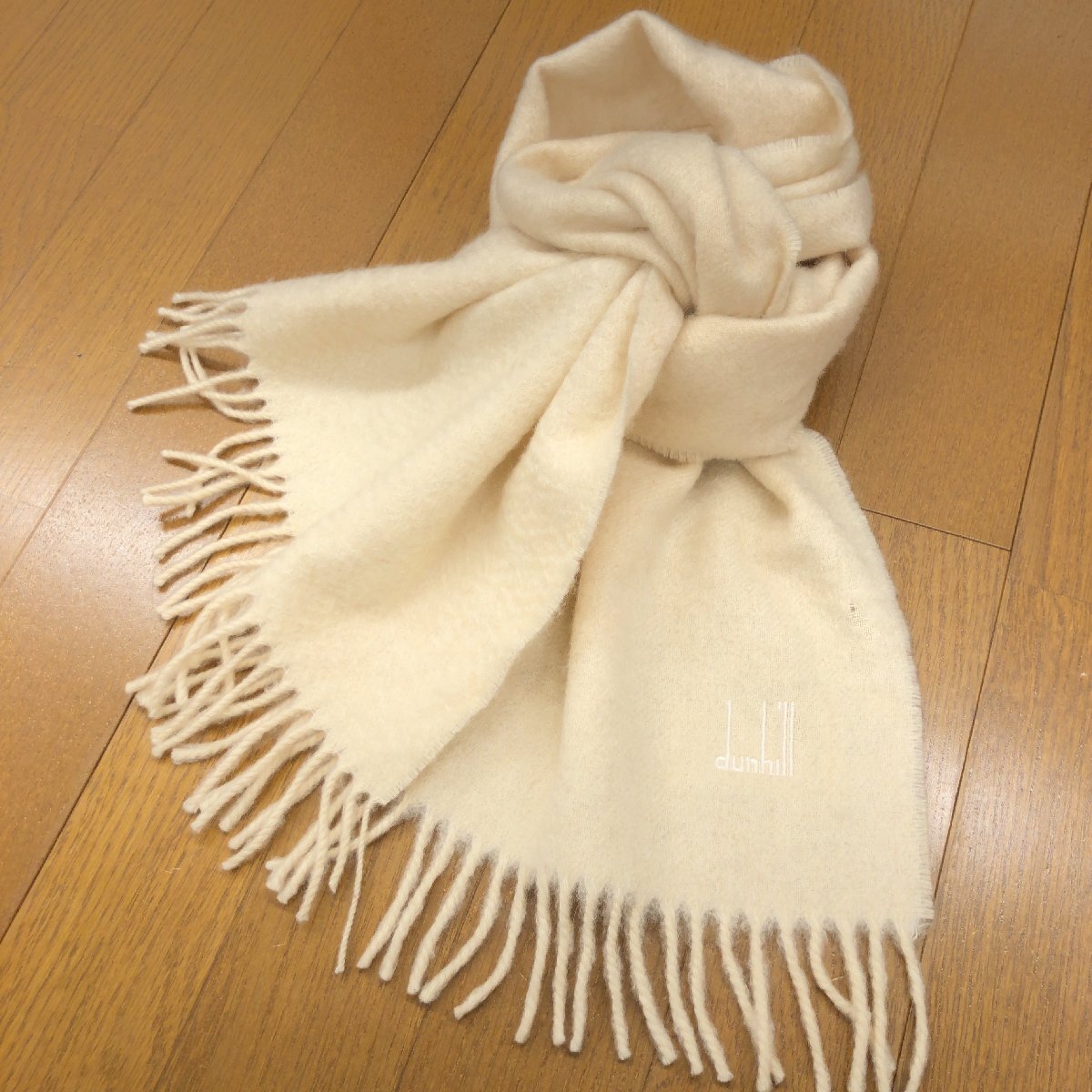 dunhill 100%カシミヤ マフラー ベージュ フリンジ付き 英国製 dunhill ダンヒル 上質 カシミヤ100% フリンジ マフラー