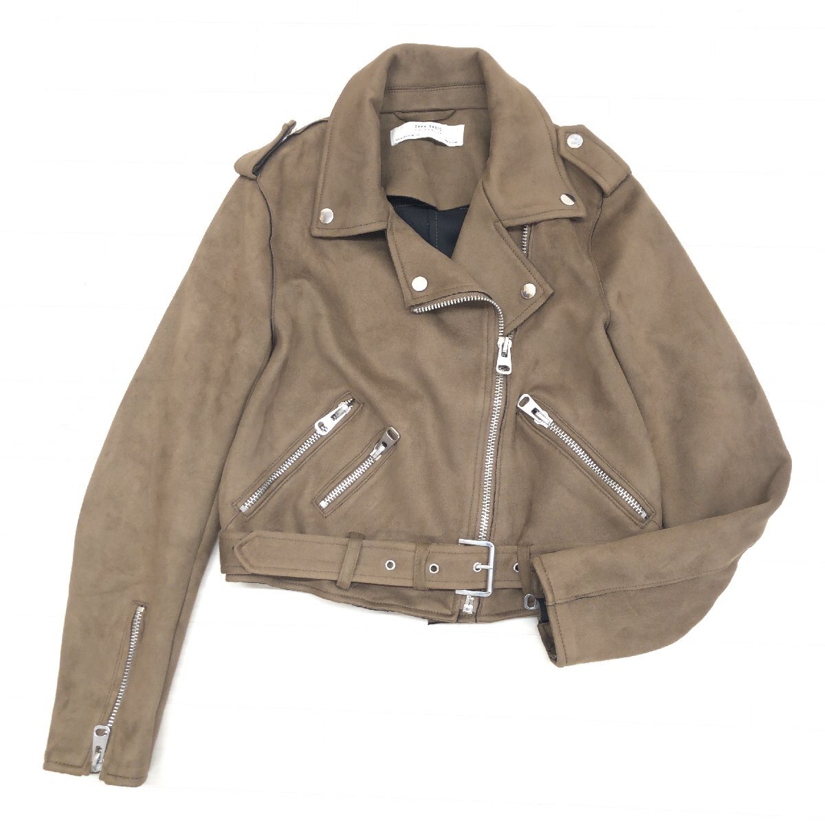 ●ZARA BASIC ザラ エコスエード ライダースジャケット M ブラウン ブルゾン 羽織り フェイクレザー レザージャケット レディース 革ジャン