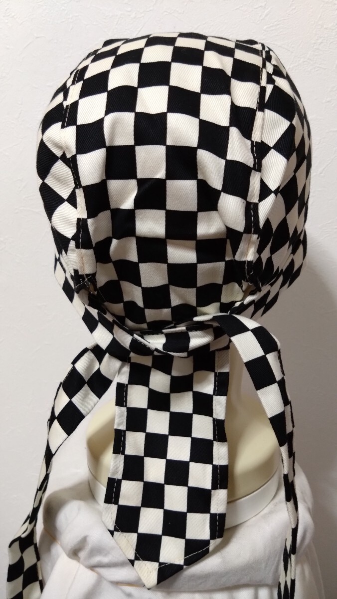 ★バンダナキャップ★ハンドメイド　チェッカーフラッグ　生成り×黒?丂松