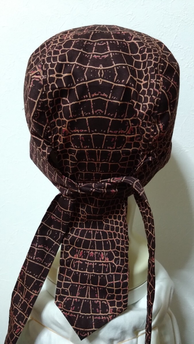 ★バンダナキャップ★ハンドメイド　ワニ柄　クロコダイル　茶