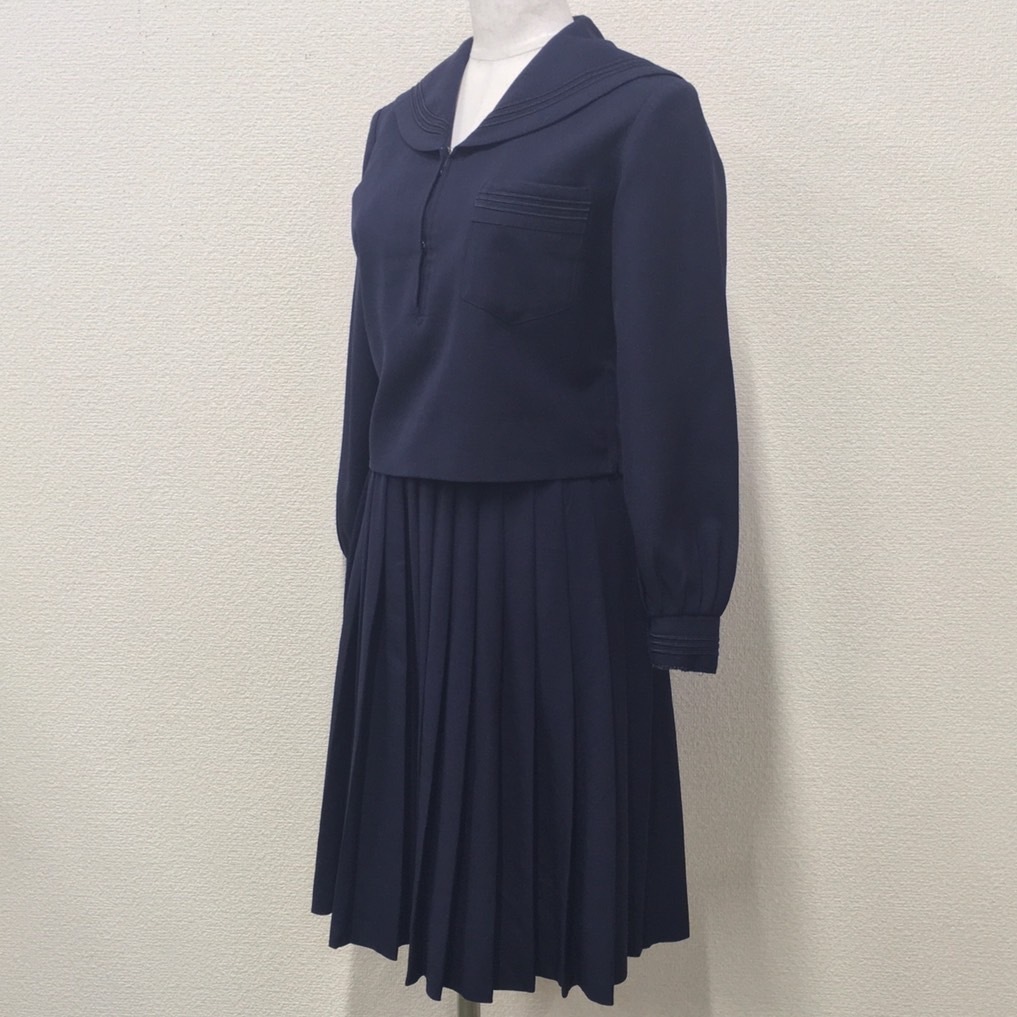 A820#(中古) 兵庫県 旭丘中学校 セーラー服 上下セット /3/S/W61/丈56/NIKKE/紺ライン3本/冬服/冬用/制服/中学校/高校/学生服/女子学生