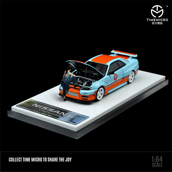 送料無料　1/64　Time Micro　NISSAN　GTR R34　フィギュア付き　Gulf　timemicro　ボンネット開閉可　日産　ミニカー●Ｍ１２