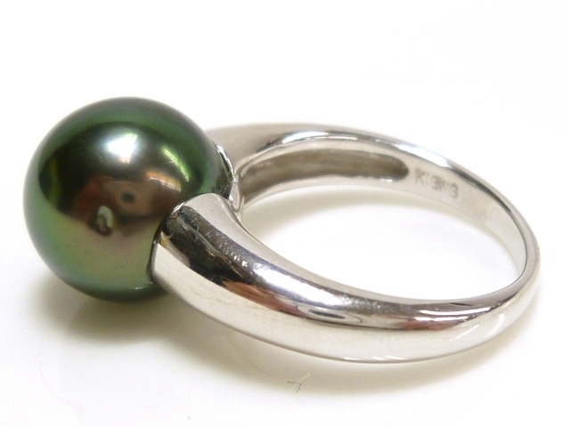 【K18WG】 豪華 大粒！ブラックパール付 リング 12號 ホワイトゴールド 18金 真珠 指輪 White gold Pearl ring ◇J