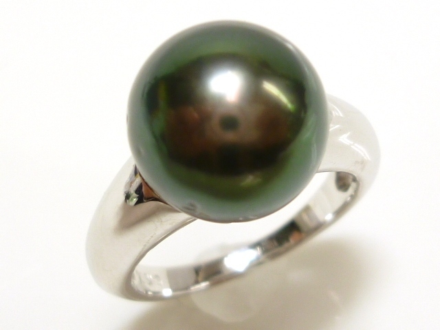 【K18WG】 豪華 大粒！ブラックパール付 リング 12號 ホワイトゴールド 18金 真珠 指輪 White gold Pearl ring ◇J