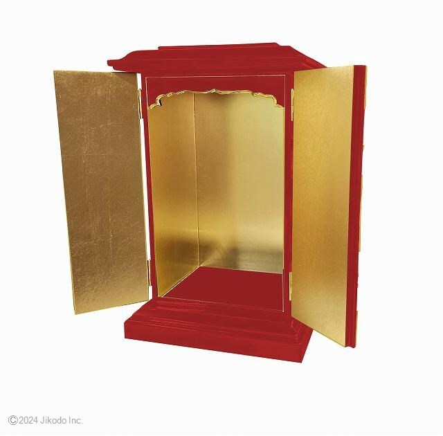 寺院仏具】朱塗り 内部金箔の角型厨子(扉に金具付き) 高さ45 寺院仏具】朱塗り 内部金箔の角型厨子(扉に金具付き) 高さ45