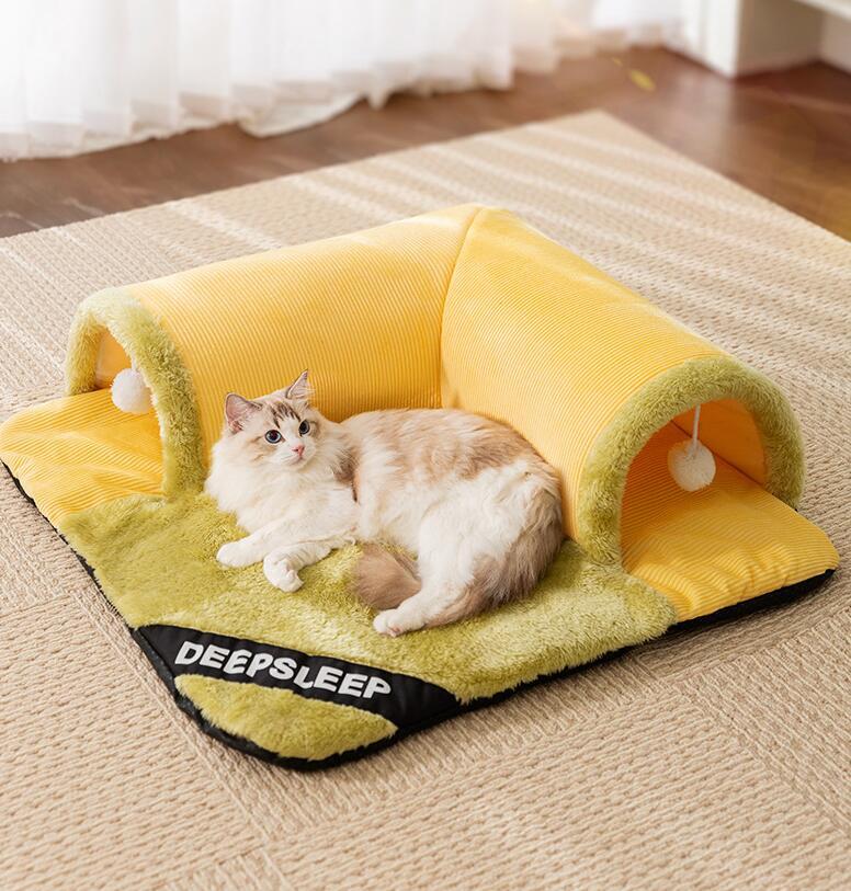 新品未使用ねこトンネル ペットベッド 冬 貓 ベッド貓ハウス冬用 マット 暖かい 犬ベッド 寢具ふんわり寒さ対策可愛い2WAY 貓游び 運動対策