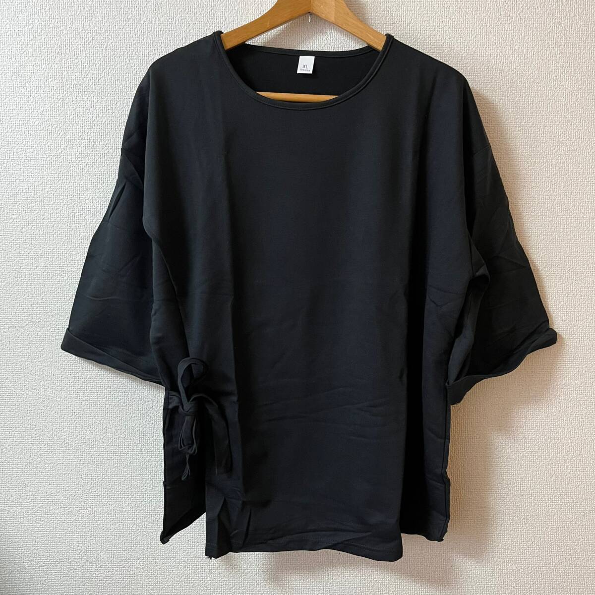 5分袖Tシャツ カットソートップス 無地 夏 XL ゆったり 大きめ ブラック