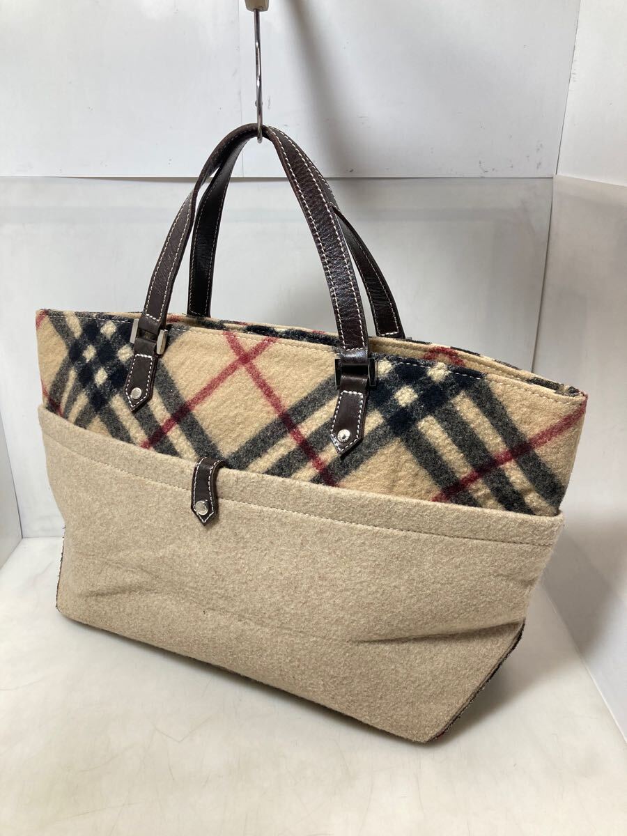49-48 Burberry BLUE LABEL トートバッグ バーバリー ウール ノバチェック ベージュ