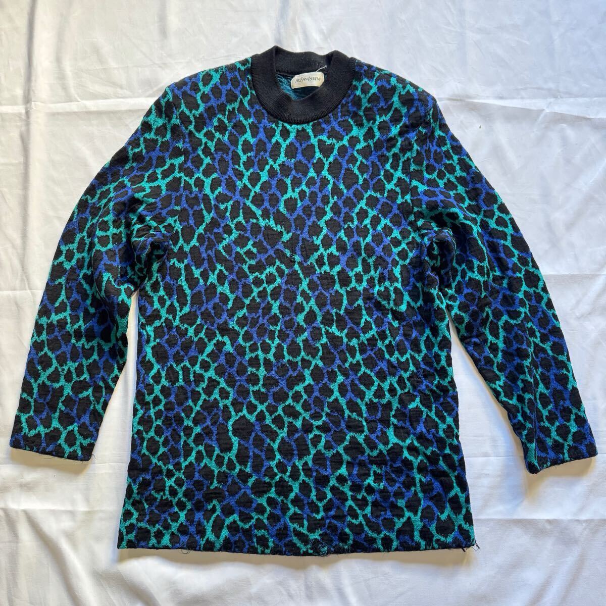 YVES SAINT LAURENT イヴ?サンローラン レオパード ヒョウ柄 セーター ニット トップス 長袖 ブルー系 Mサイズ レディース 総柄 