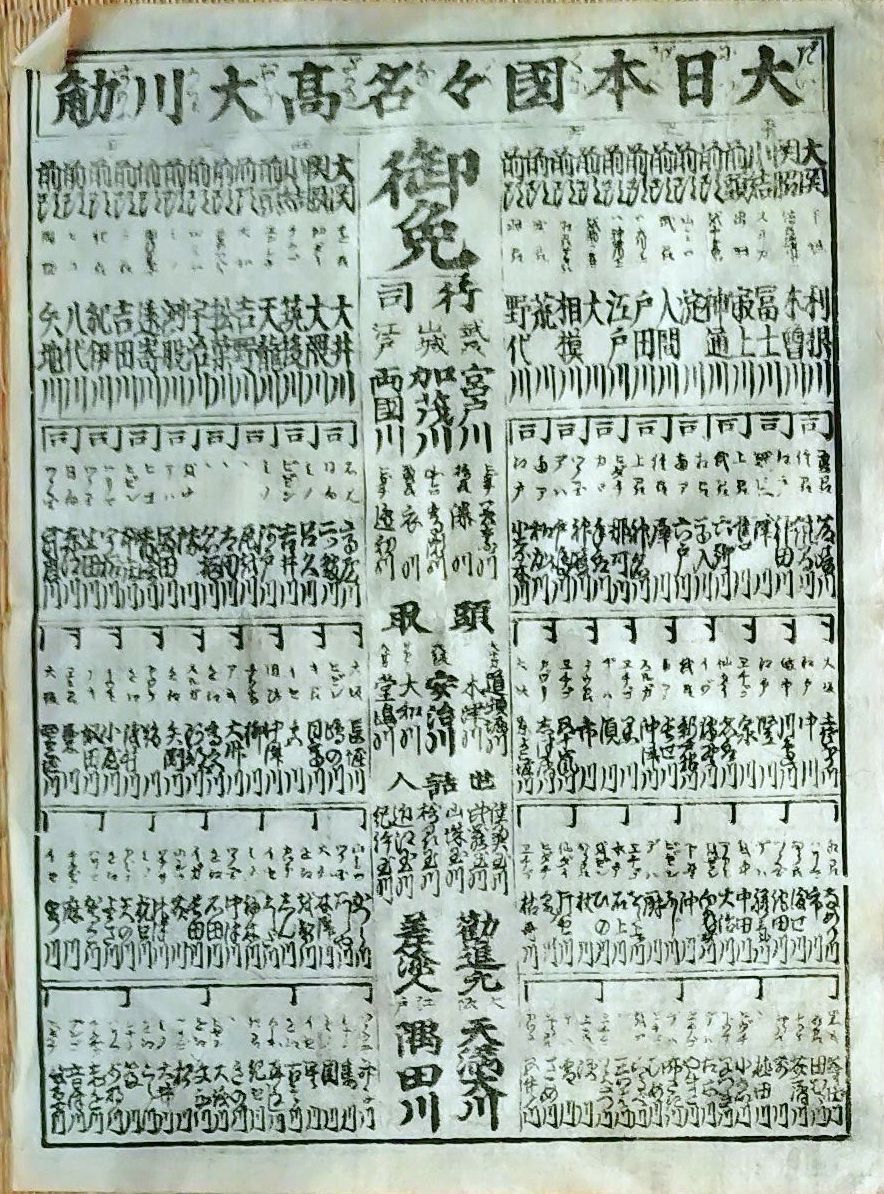 f24122507〇一枚刷り 浪花みやげ第２編５集 大日本国々名高大川相撲 利根川 大井川 ことば遊び しゃれ なぞ 判じ絵 見立番付 天保年間