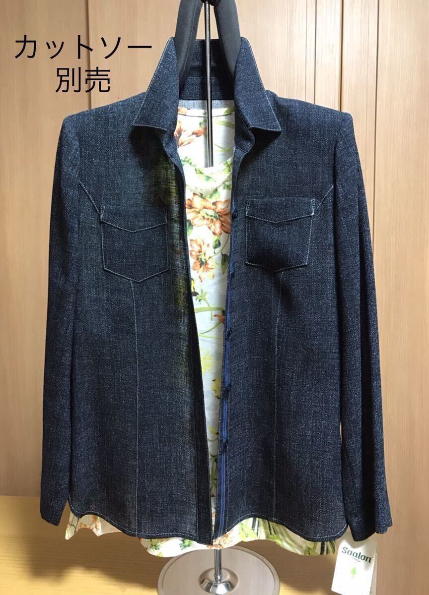 [新品] 激安・在庫処分　L 13号　レディースブラウス　ミセスジャケット　婦人ブラウス デニム調ジャケット　日本製　紺ミックス色