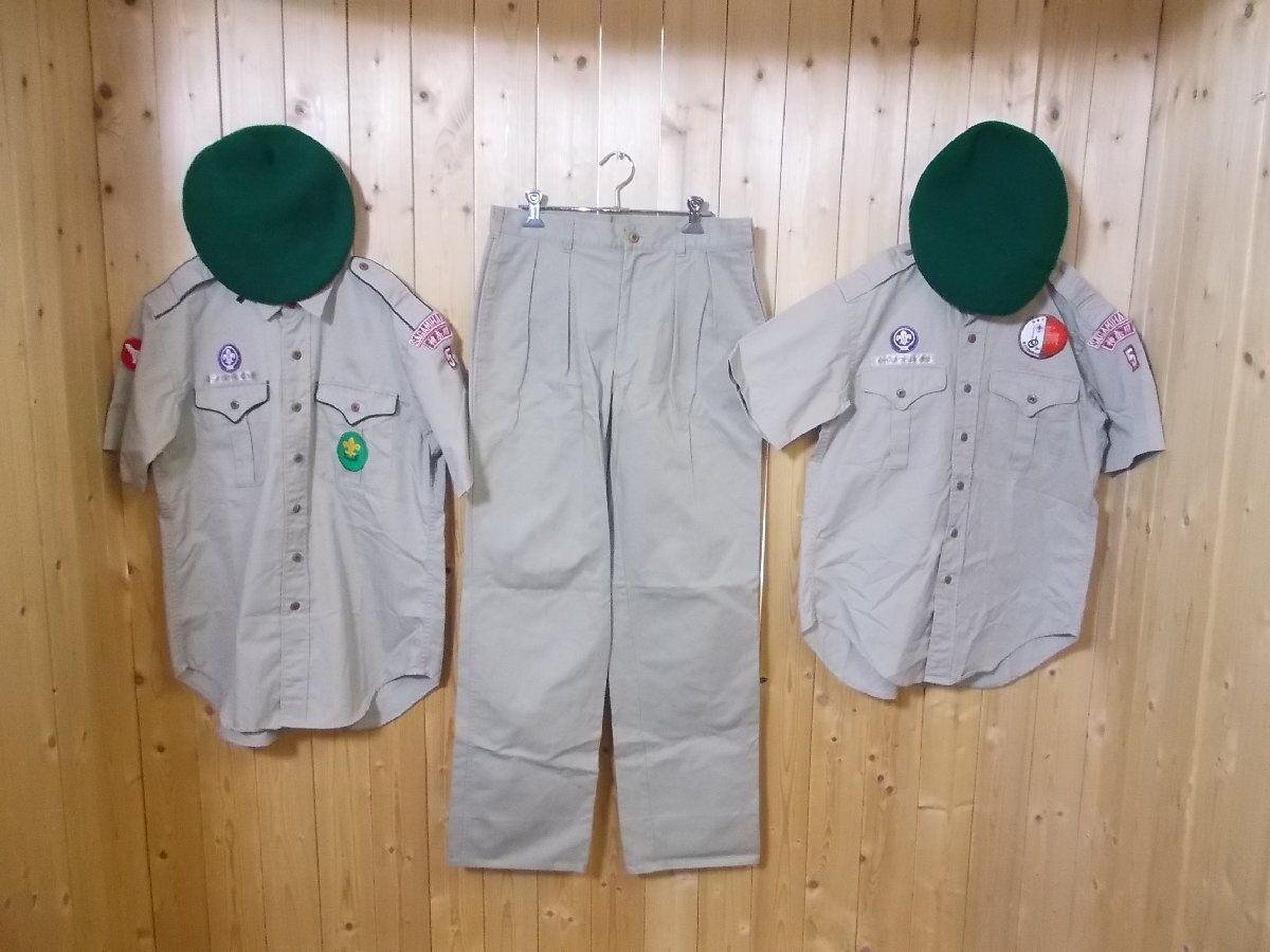 ◆ボーイスカウト日本連盟 SAGAMIHARA 5点セット◆神奈川県 相模原市 ユース キッズ カーキー サイズ不明 半シャツ ベレー帽 チノパン