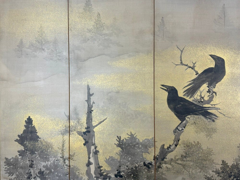 屏風屋】212z 落款有 金砂子 水墨山水 カラス図 屏風 高さ 約 屏風屋】212z 落款有 金砂子 水墨山水 カラス図 屏風 高さ 約