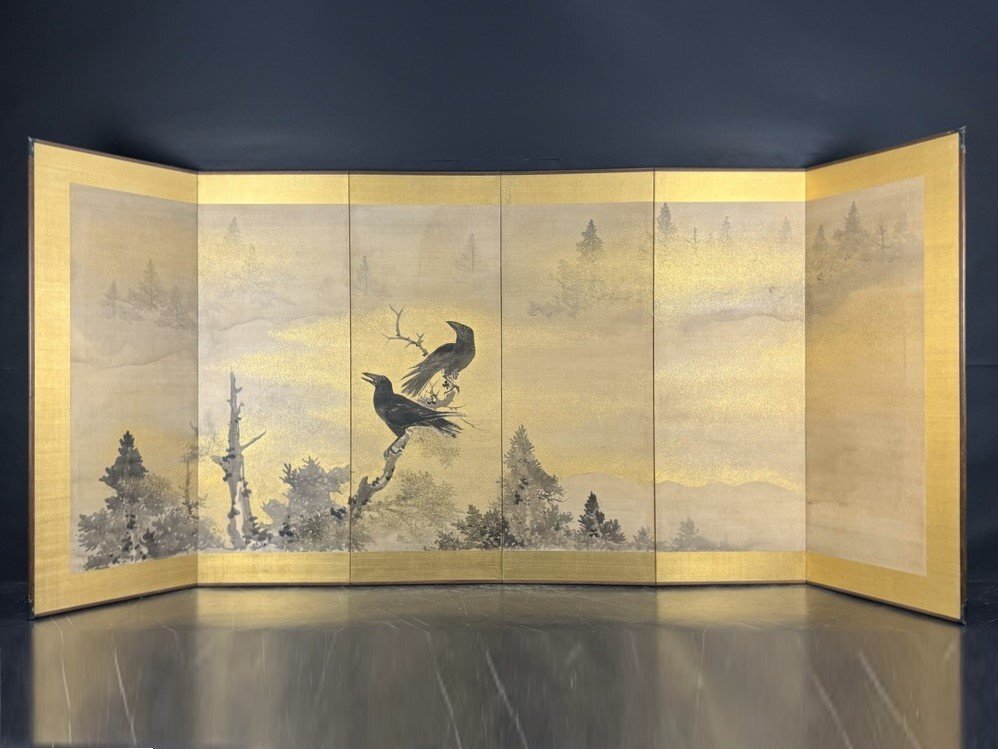 都屋】11 塩川文麟 筆 金砂子 楼閣山水図 屏風 高さ 約171.5 都屋】11 塩川文麟 筆 金砂子 楼閣山水図 屏風 高さ 約171.5