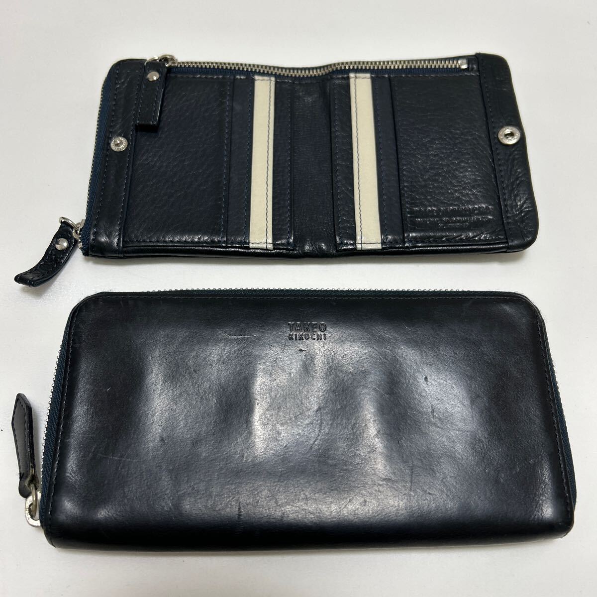 ◆TAKEO KIKUCHI タケオキクチ　財布　2点セット◆　ラウンドジップ × 折り財布　本革　小銭入れ有　ダークネイビー 【送料無料】 1202
