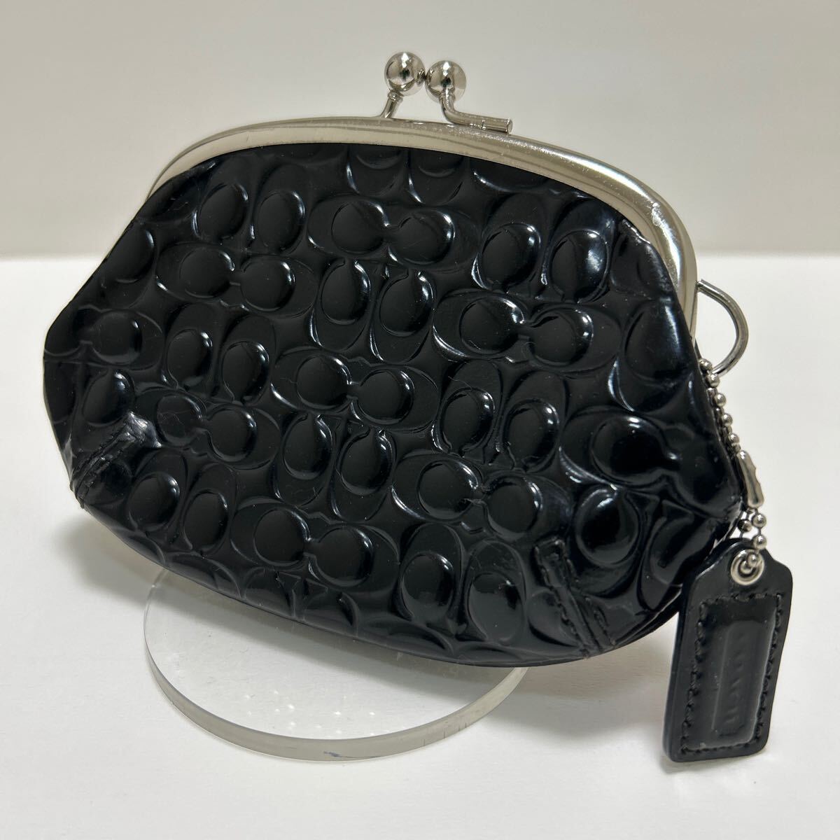 ◆COACH コーチ　がま口 コインケース◆　小銭入れ　シグネチャー　エナメル　ロゴタグ付き　ブラック 【USED】 1213