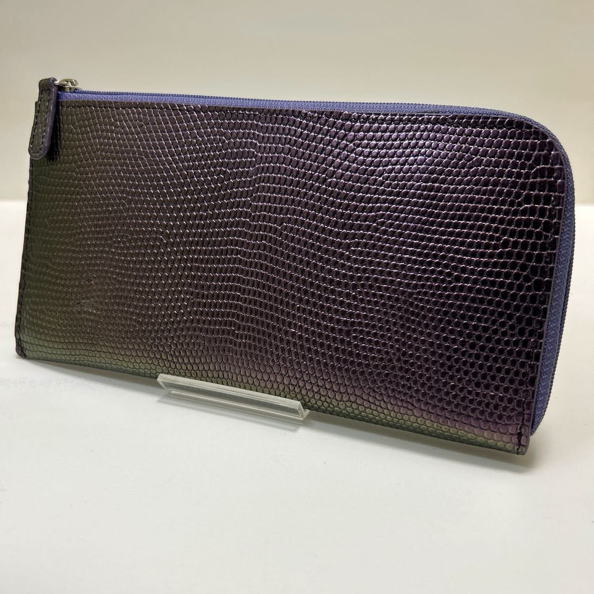☆美品☆ ◆リザード 本革　L字ファスナー 長財布◆　スリム 　トカゲ革　小銭入れ有　パープル × ブラウン 【送料無料】1225