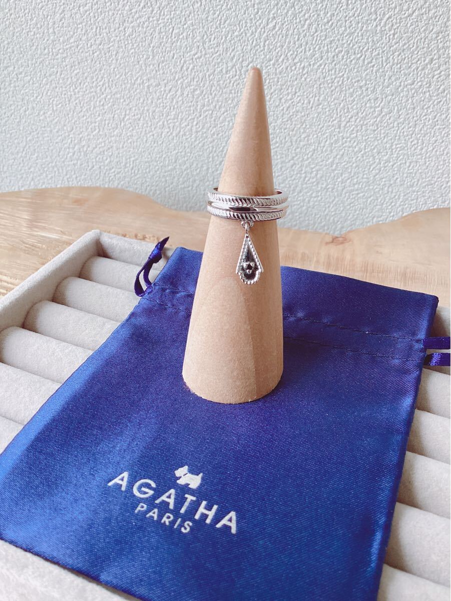 【AGATHA】指輪15号　925 シルバー　ブラックビジュー　揺れるデザインリング　アガタ