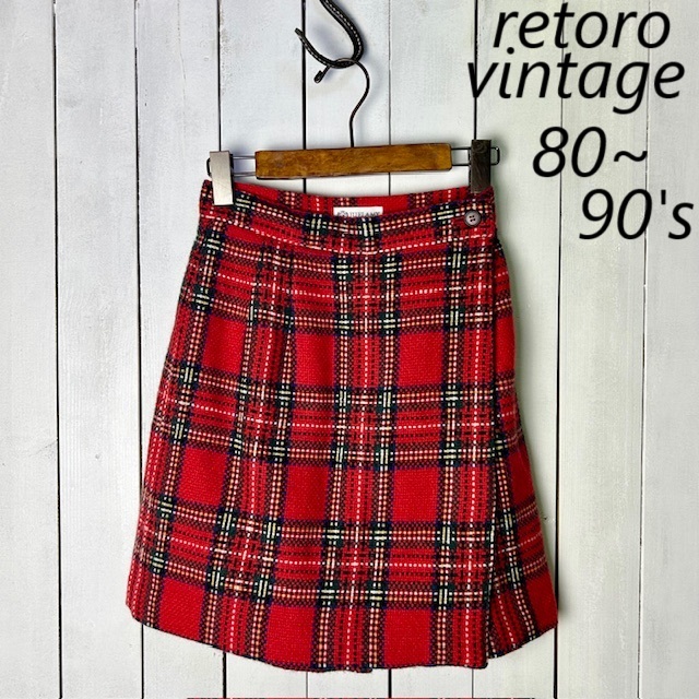 レトロ古着 80s～ タータンチェック柄 厚手 ラップ風キュロットショートパンツ XS～S 赤 オールド ヴィンテージ 秋冬 ウール 日本製 ●444_画像1