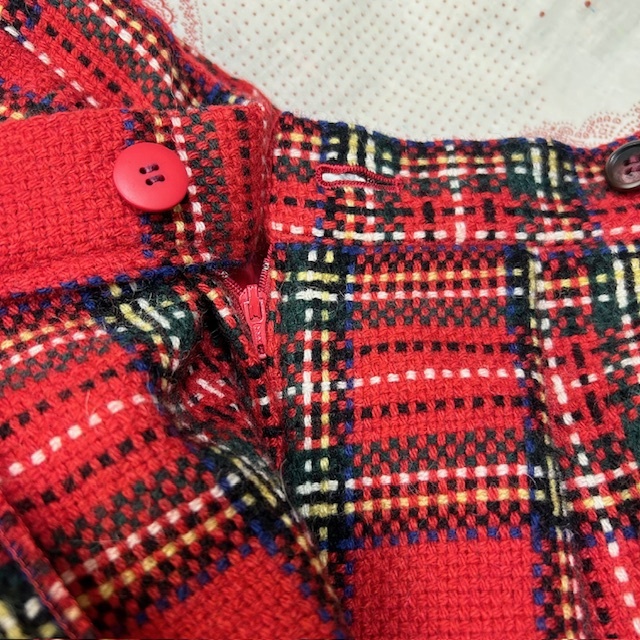 レトロ古着 80s～ タータンチェック柄 厚手 ラップ風キュロットショートパンツ XS～S 赤 オールド ヴィンテージ 秋冬 ウール 日本製 ●444_画像7