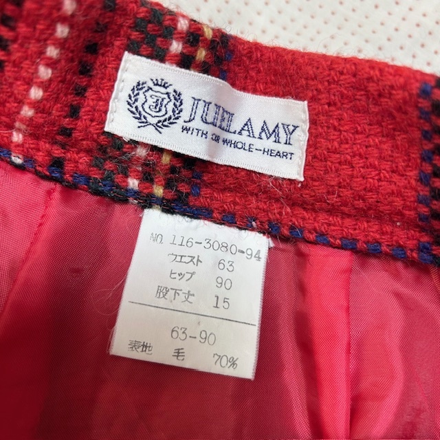 レトロ古着 80s～ タータンチェック柄 厚手 ラップ風キュロットショートパンツ XS～S 赤 オールド ヴィンテージ 秋冬 ウール 日本製 ●444_画像8