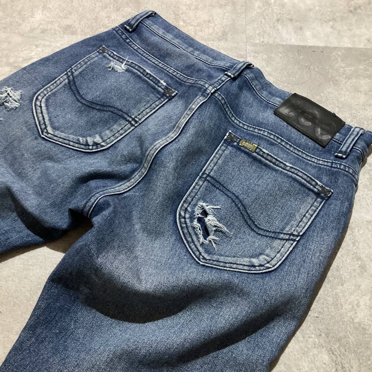 【Lee×nano universe】秋冬向け 裏起毛 ストレッチデニムパンツ スキニー テーパード Sサイズ クラッシュリペア加工 日本製 ジーンズ