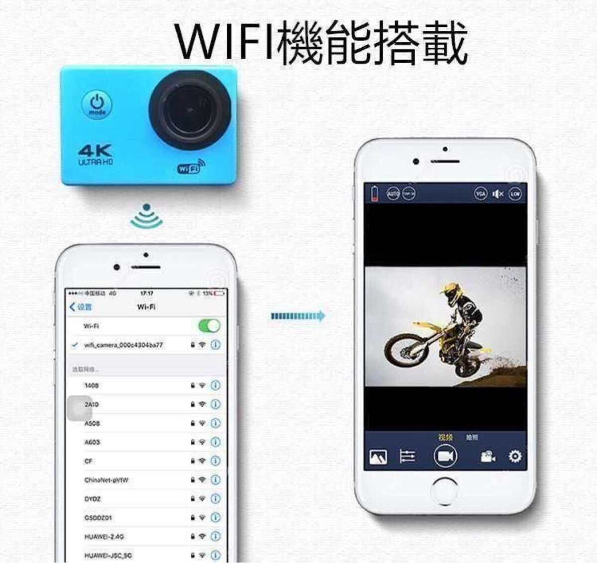 WiFi 防水 スポーツカメラ アクションカメラ 4kドライブレコーダー　ブルー　黒