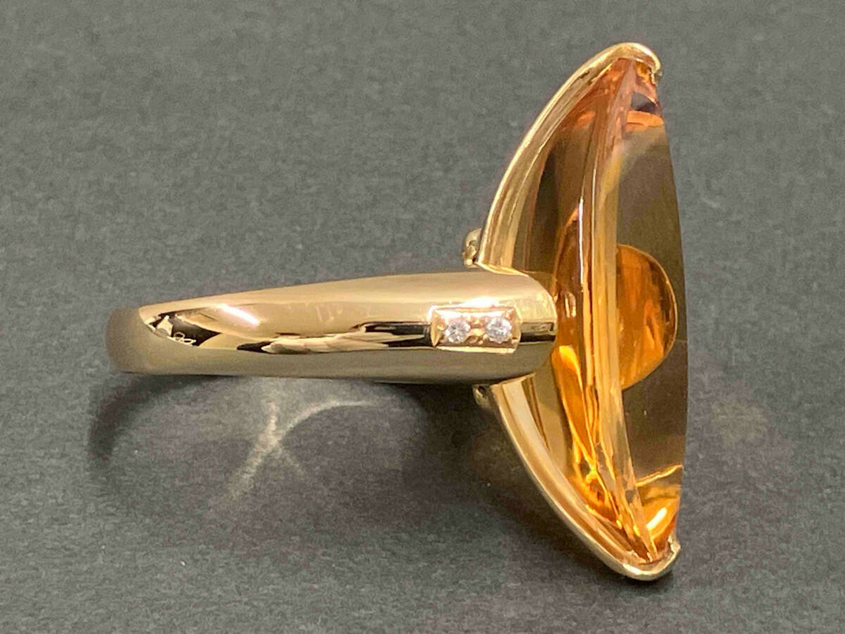 【クリーニング済】K18 ゴールド　リング　総重量約13.3g 約14.5號　天然クォーツ（シトリン）　天然ダイヤモンド　簡易鑑別書付　指輪