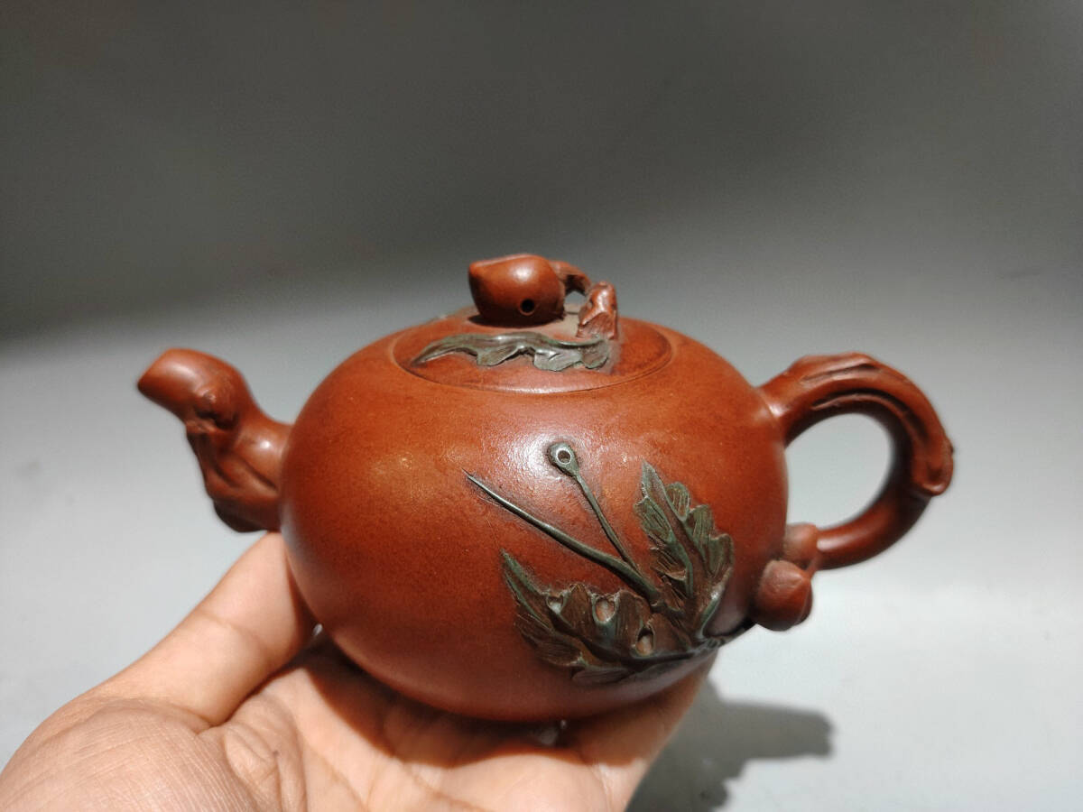 仁】『紫砂壺・寿桃壺・汪寅仙款・紅泥・茶具・茶道品』極細工