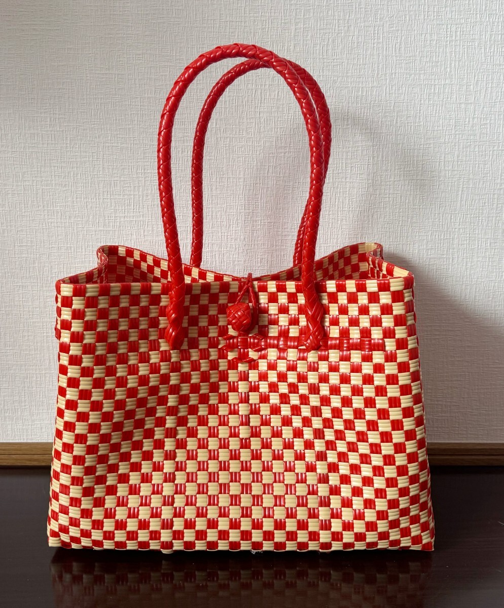 プラカゴ メルカド トートバッグ ハンドメイド パサール かごバッグ Lサイズ レッド クリーム
