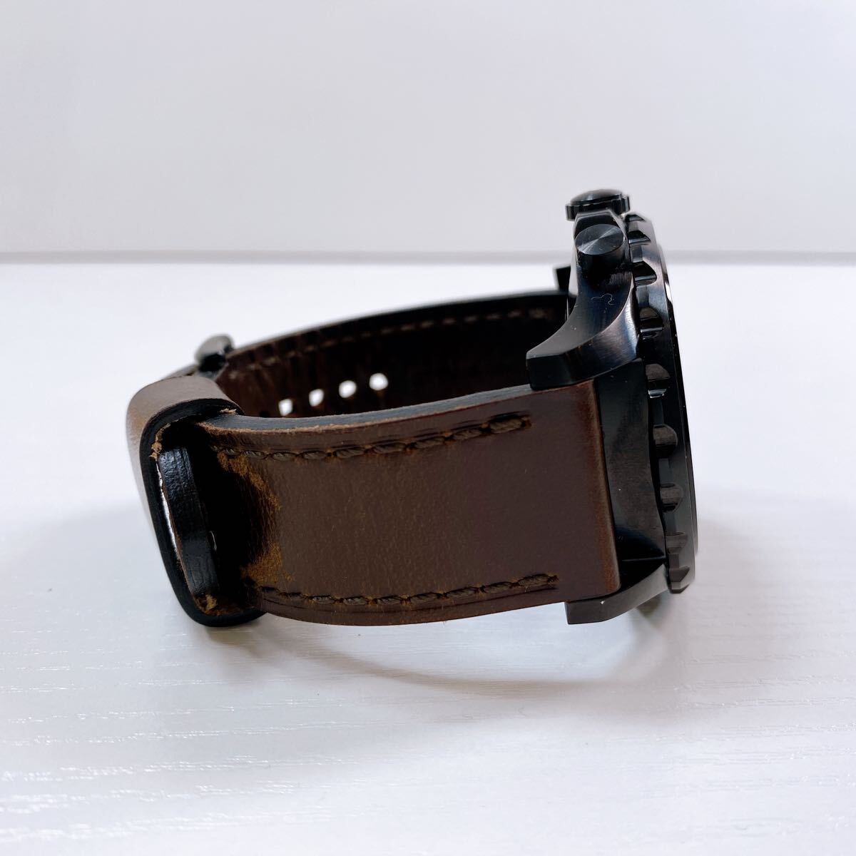 112[ used ]FOSSIL HYBRID Fossil hybrid men's wristwatch round face leather belt Brown NDW2A operation not yet verification present condition goods 